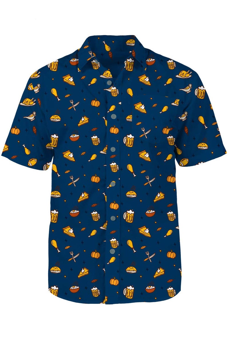 Tipsy Elves Men's Short Sleeve Holiday Button Down Shirts - Funny Christmas, Hanukkah & Thanksgiving Hawaiian Shirts for Men - Men's Navy Thanksgiving Button Up Shirt Size Medium - Image 1